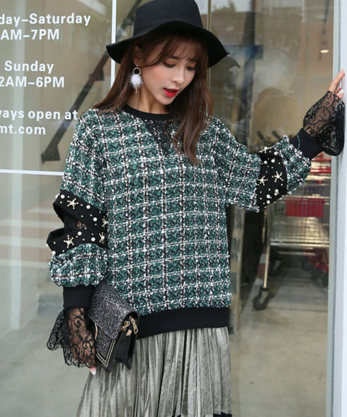 Cuff Lace Tweed Top